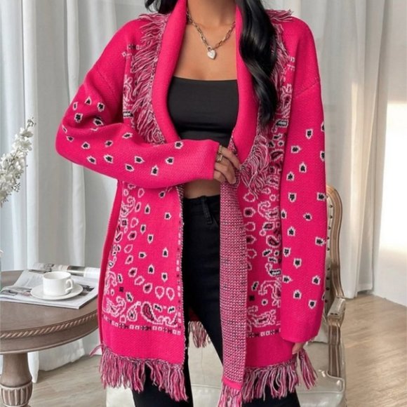 Fringe detailed Paisley belted Sweater Knit Cardigan Hot Pink - Picture 2 of 7